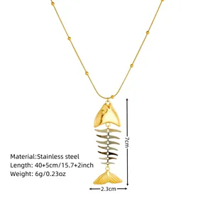 Detail of gold fishbone pendant necklace with accurate length and material measurements