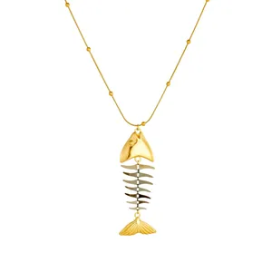 Exquisite golden fishbone pendant necklace with detailed round bead snake chain
