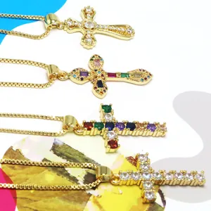 Fashion Cross Pendant Necklace For Women Copper Zirconia Gold Plated Box Chain Clavicle Necklace European Style Jewelry