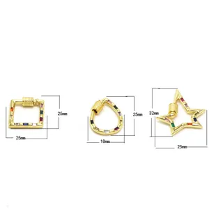 Detailed dimensions for square, drop, and star screw clasps with colorful zircon stones
