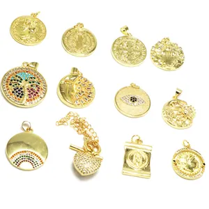 Gold Plated Copper Religious Coin Pendant Charms Portrait Cross Evil Eye Heart For DIY Necklace Bracelet Jewelry Making