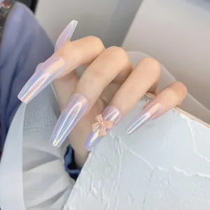 Iridescent purple long press-on nails featuring a cute 3D beige bow ornament