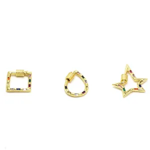 Detail view of colorful gemstone inlaid gold clasps in star, square, and teardrop shapes
