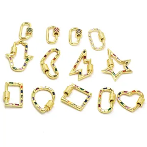 Copper Gold Plated Rhinestone DIY Jewelry Connectors Carabiner Screw Lock Clasps Heart Star Hamsa Hand Lightning Charms For Necklace Bracelet Making