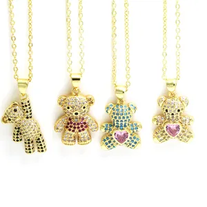 Cute Teddy Bear Pendant Necklace Copper Gold Plated Colorful Zirconia Heart Animal Charm Necklace Fashion Jewelry For Women