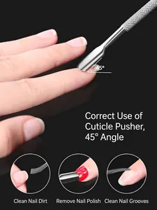 Stainless steel cuticle pusher nail tool for manicure and pedicure with usage instructions