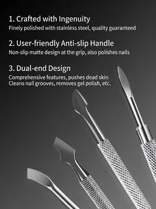 Professional dual-ended stainless steel nail cuticle pusher with non-slip handle