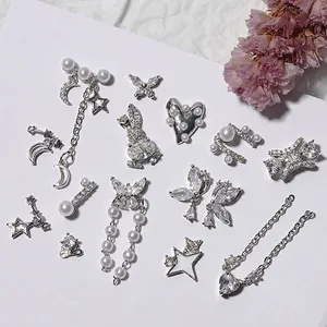 Alloy Rhinestone Artificial Pearl Nail Art Charms Light Luxury Silver Butterfly Star Moon Heart Nail Jewelry Decoration For Women