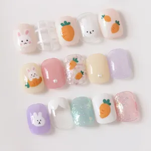 Schattige cartoon konijn en wortel nail art stickers set in pastel macaron kleuren voor meisjes
