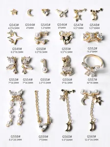 Set de breloques à ongles en zircon et perles avec papillon étoile lune et chaîne