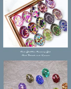 Detailed view of assorted colorful chunky nail glitter mixing gel on display swatches