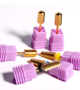 Close-up detail of 5-in-1 golden tungsten steel nail drill bits with purple bases