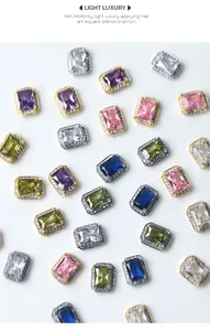 Various colorful rectangular nail art rhinestones with zircon and metallic frames