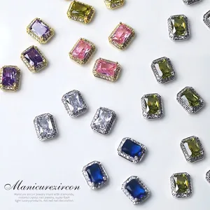 Luxury square zircon nail art charms with colorful crystals and rhinestones for manicure.
