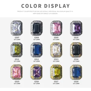 Selection of premium rectangular nail art rhinestones with zircon halos in various colors
