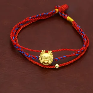 Detailopname van een gevlochten rood-blauwe armband met gouden draak-bedeltje.