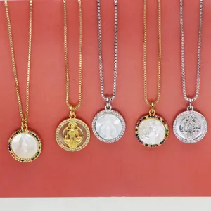 Fashion Round Shell Virgin Mary Pendant Necklace Copper Zirconia Inlaid Box Chain Women Luxury Religious Clavicle Necklace