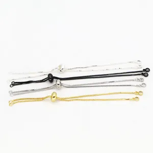 Detail of adjustable box chain bracelets in four finishes for DIY jewelry making.