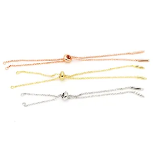 Detailed view of three adjustable DIY jewelry chains in rose gold, gold and silver finish