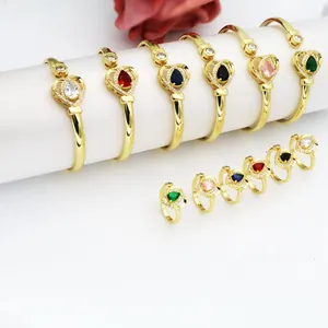 Mode Cuivre Zirconia Cœur Bague Ouverte Colorée Pierre Précieuse Réglable Bracelet Pour Femmes Occidentale Simple Cœur Bijoux