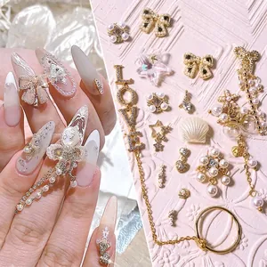 Luxury Alloy Zirconia Nail Art Accessories Pearl Bowknot Shell Starfish Chain Pendant 3D Manicure Jewelry For Women