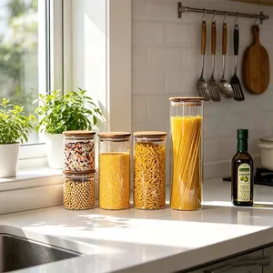 Transparent Borosilicate Glass Storage Jars With Airtight Wooden Lids Kitchen Food Containers For Grains Pasta Coffee Bean Organization