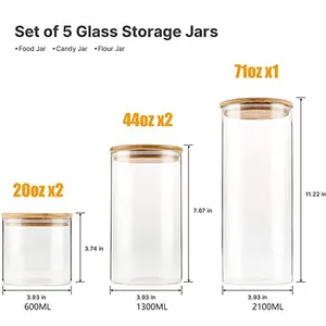 Dimensions and capacity specifications for 5-piece glass jar set with bamboo lids