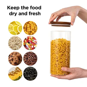 Transparent glass storage jar with airtight wooden lid for dry food pantry organization