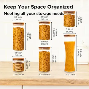 Detailed dimensions of 5-piece glass storage jar set with airtight wooden lids.