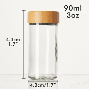 Detailansicht mit Abmessungen eines 90-ml-Gewürzglases mit natürlichem Bambusdeckel