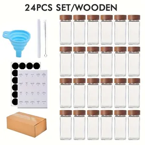 Komplette 24-teilige Gewürzgläser-Set mit Holzdeckeln, Trichter, Bürste und Etiketten.