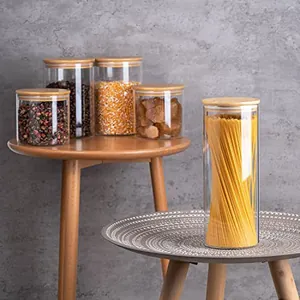 5-piece set of transparent glass jars with airtight bamboo lids for grain storage
