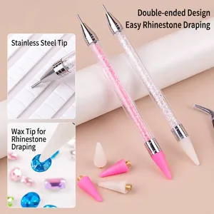Bolígrafo de Puntos para Uñas de Doble Extremo Con Punta de Cera y Acero Inoxidable Herramienta Recogedora de Strass de Acrílico