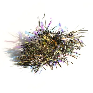 Iridescent holographic cellophane shreds for nail art decoration on white background