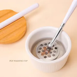 Professional ceramic nail art pen washing cup featuring a metal strainer and wooden lid