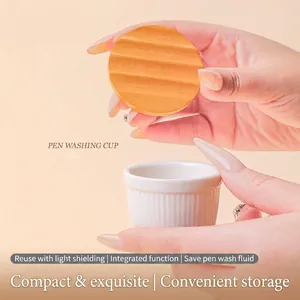 White ceramic nail art pen washing cup with a grooved wooden lid for manicure tools