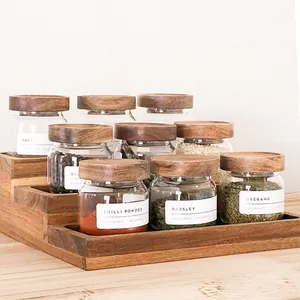 Tapa de Madera de Acacia Tarro de Almacenamiento de Vidrio Borosilicato Transparente Hermético Contenedor de Especias Grado Alimenticio