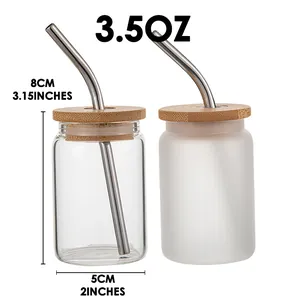 Detailed dimensions of 3.5oz glass cans with bamboo lids in clear and frosted styles