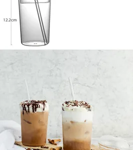 Detailed dimension of 12.2cm glass cup and lifestyle use with iced coffee
