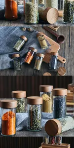 Glass spice jars with acacia wood lids set for organized kitchen storage