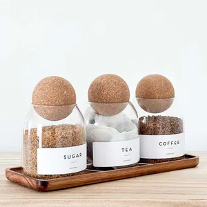 Juego de 3 tarros de cristal con tapas de corcho y bandeja de madera de acacia para té