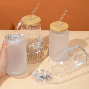 Can-Shaped Glass Cup With Bamboo Lid And Glass Straw Thick Bottom Soda-Lime Glass Drinking Cup For Iced Coffee Milk Juice Home