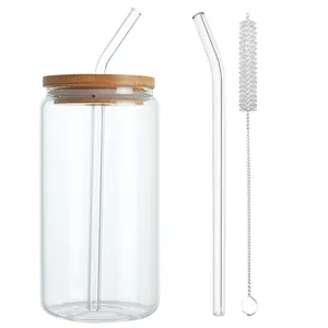Complete 16oz transparent glass cup set including bamboo lid, straw, and cleaning brush