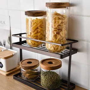 Frasco de Almacenamiento de Vidrio de Borosilicato Con Tapa de Madera de Acacia Contenedor Hermético de Alimentos para Cocina Especias Café Granos Botella Sellada Transparente