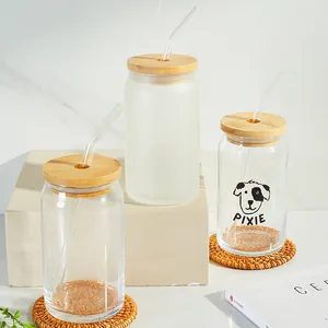 Minimalist Soda Can Shaped Soda-Lime Glass Cup With Bamboo Lid And Glass Straw Frosted Clear Large Capacity Water Bottle Drinkware