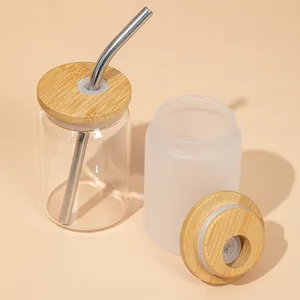Modern Borosilicate Glass Can Shaped Wine Cup With Bamboo Lid Stainless Steel Straw Mini Frosted Clear Beer Glass Bar Party