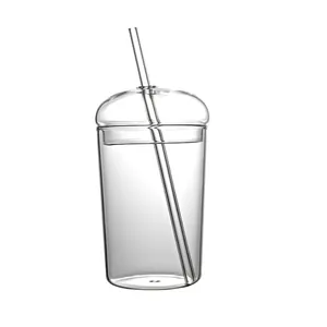 Large 500ml borosilicate glass tumbler featuring a dome lid and a matching glass straw