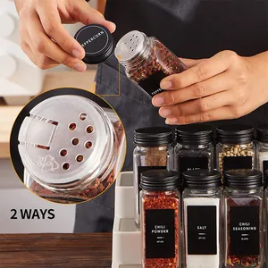 Juego de botes de cristal para especias con tapas de aluminio negro y dosificador