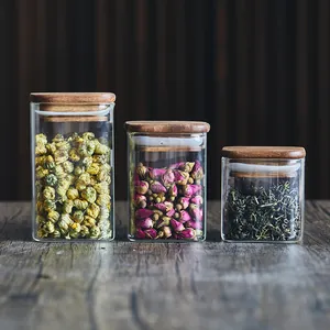 Luftdichte quadratische Glasgläser mit Akazienholzdeckeln für Tee und Trockenblumen