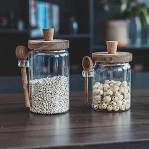 Acacia Wood Lid With Spoon Glass Seal Jar Kitchen Cereal Storage Container Airtight Glass Food Canister Sugar Bean Organizer